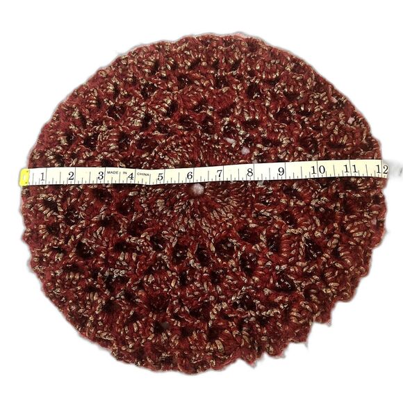 Handmade Slouchy Red & Gold Metallic Knit Beret Acrylic Winter Hat Unisex - Picture 7 of 7